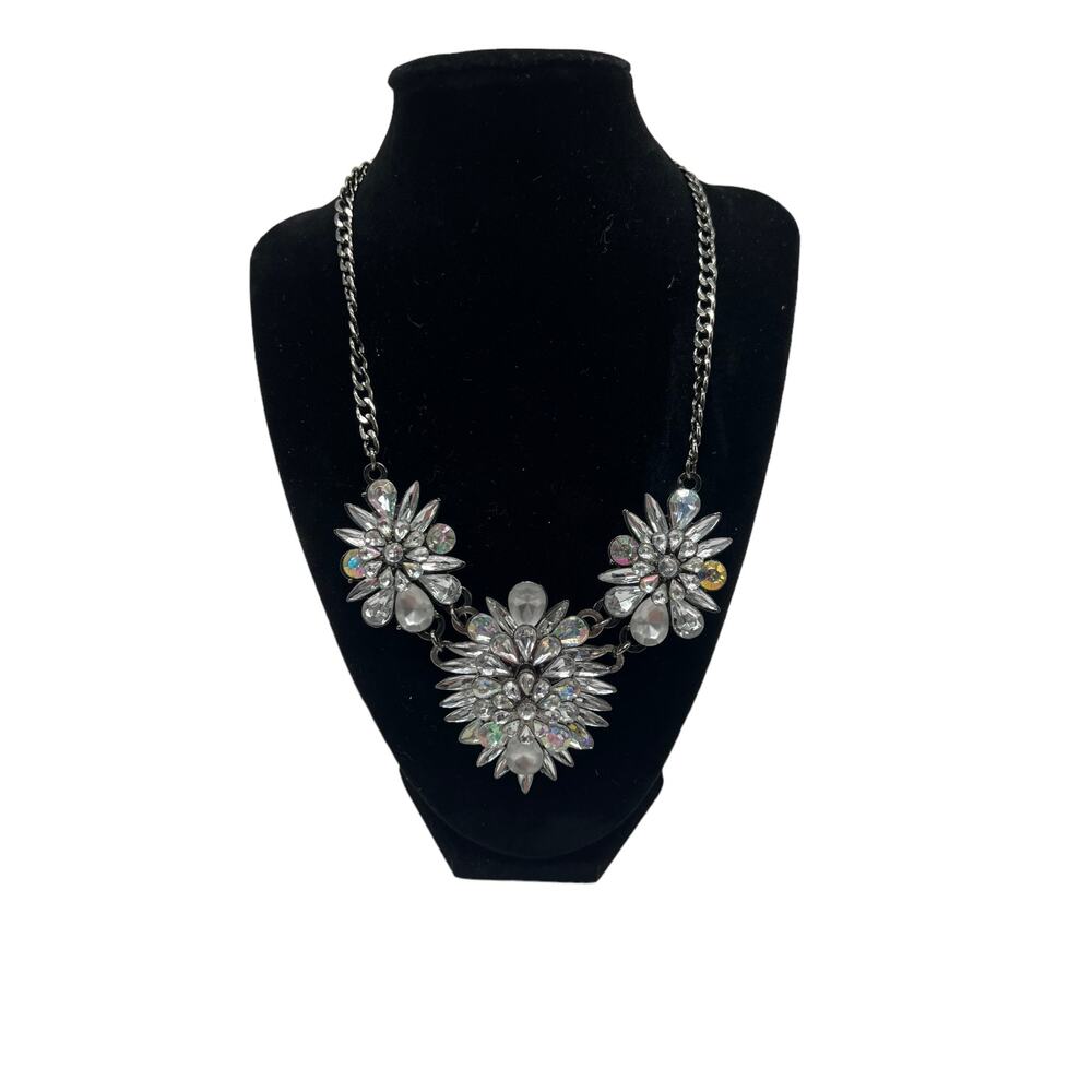 Statement Necklace Clear and White Stones Icy Flowers